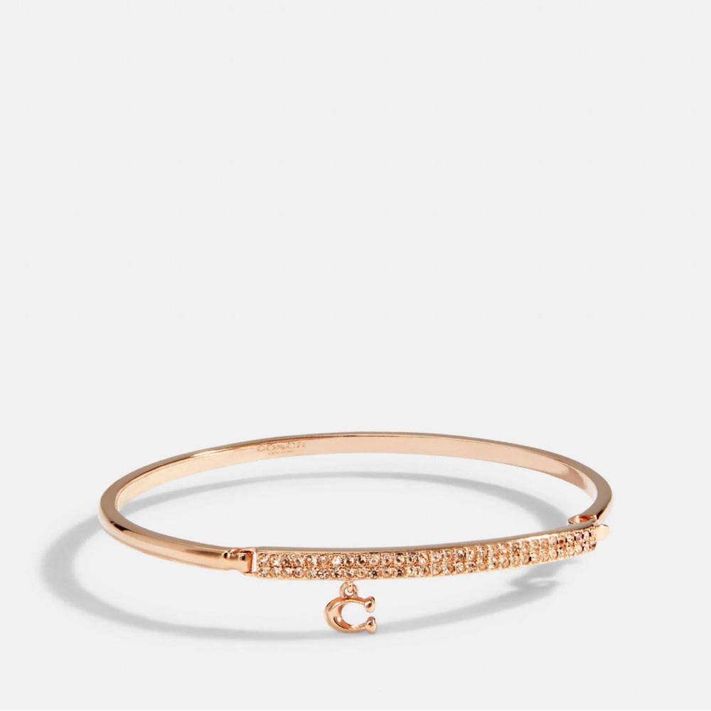 NWT COACH Signature Pave Bar C Charm Hinged Rosegold Bangle Bracelet St. 91429